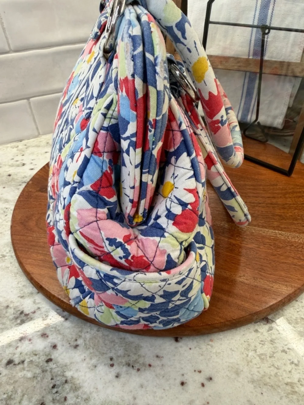 Vera Bradley Blue Floral Quilted Frame Bag with Pink & Red Accents
